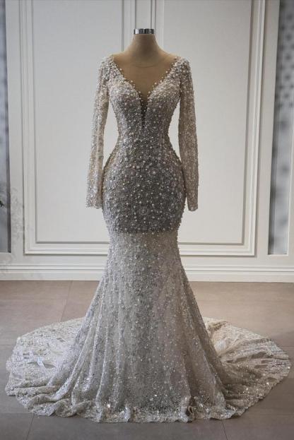 Luxury Long Mermaid V-neck Tulle Floral Lace Evening Formal Dresses with Sleeves