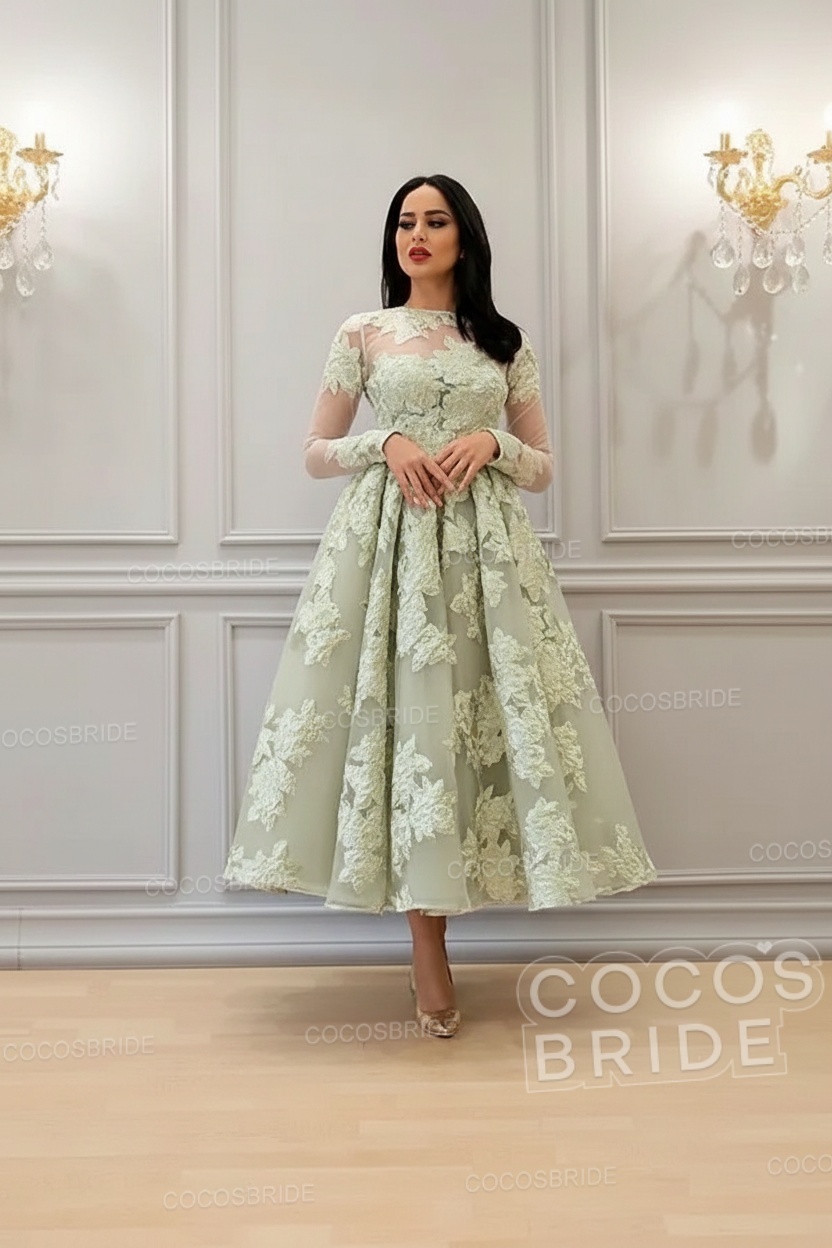 Elegant Short A-line High Neck Lace Ankle Length Formal Evening Dress with Sleeves