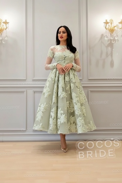 Elegant Short A-line High Neck Lace Ankle Length Formal Evening Dress with Sleeves