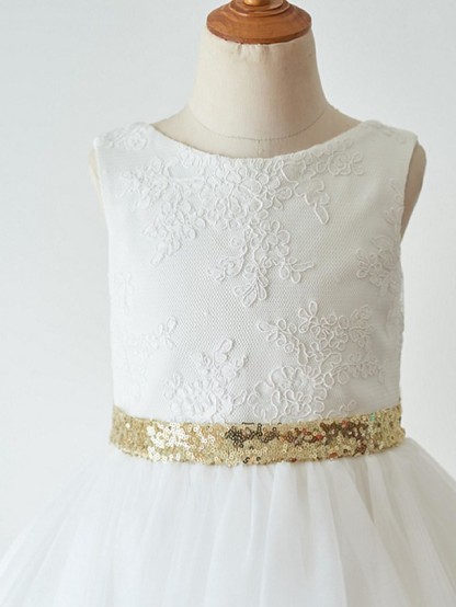 Ball Gown Knee Length Wedding / First Communion / Pageant Flower Girl Dresses - Lace / Tulle Sleeveless Jewel Neck With Bow(S)