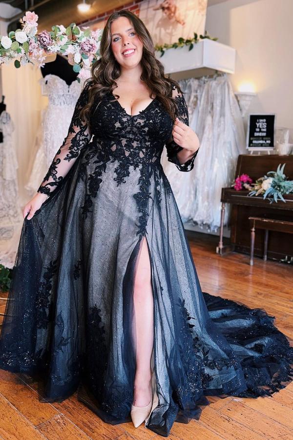 Plus Size Long Ball Gown V-Neck Tulle Appliques Black Wedding Dresses with Sleeves