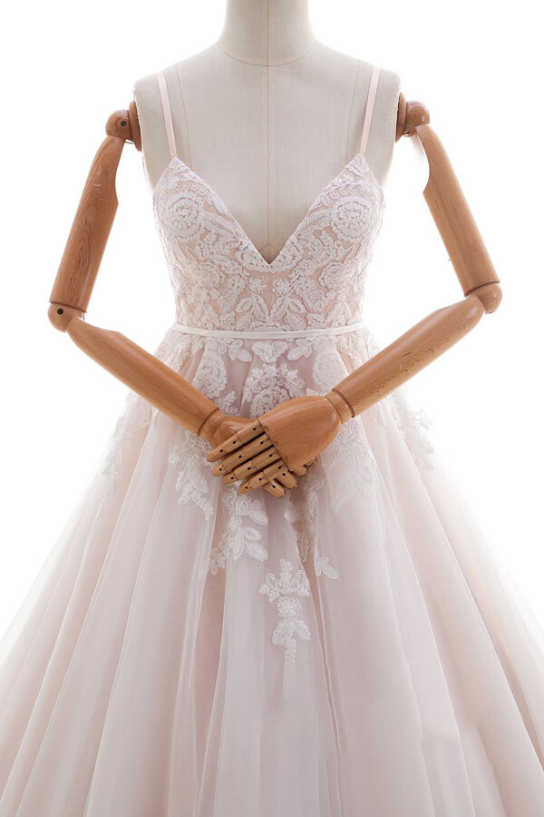 Long V-neck Appliques Lace Spaghetti Strap A-line Wedding Dress