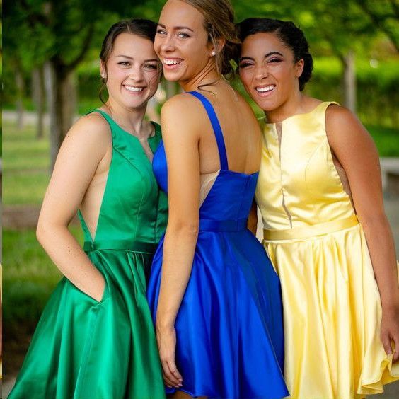 Sexy V-Neck A-line Satin Homecoming Dress with Pockets