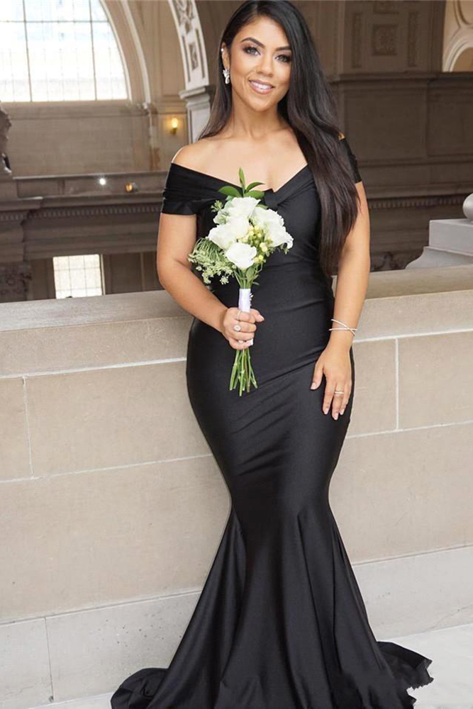 Black Long Off the Shoulder Floor Length Backless Mermaid Prom Dress   COCOSBRIDE