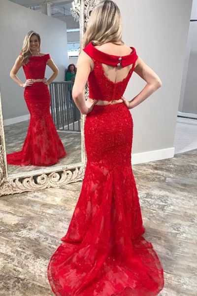 Glamorous Off-the-shoulder Backless Lace Floor-length Mermaid Prom Dress