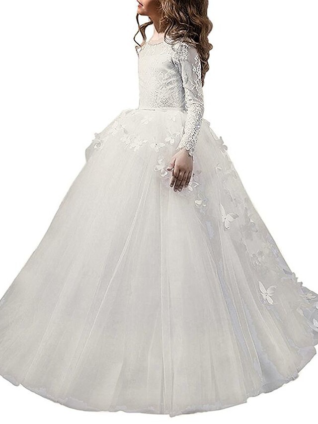 Long A-line Tulle Lace Jewel Neck Party Flower Girl Dresses with Sleeeves