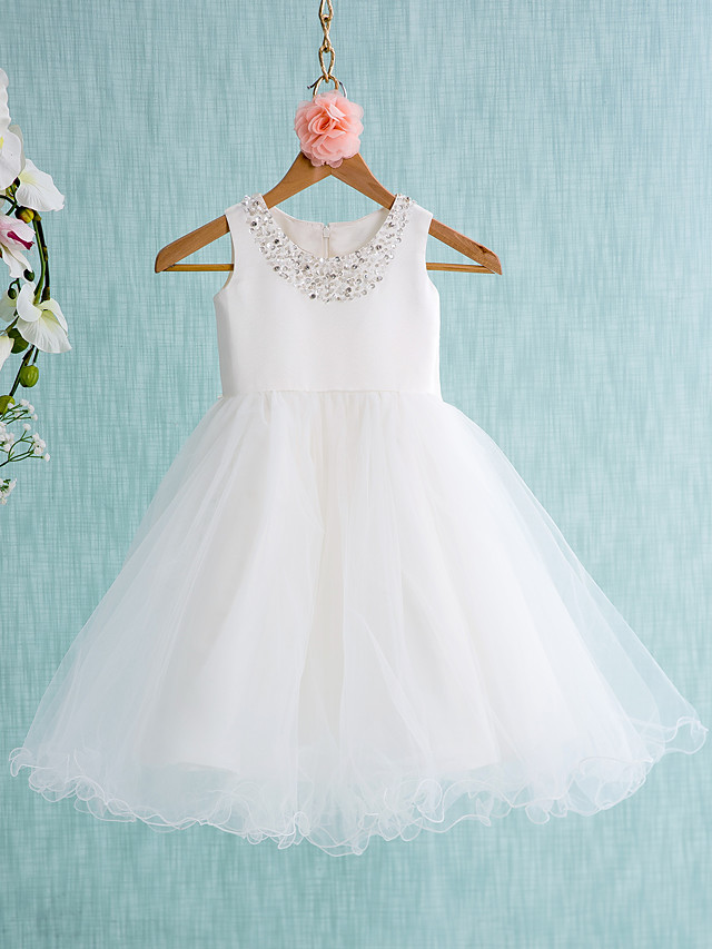 Ball Gown Knee Length Wedding / First Communion Flower Girl Dresses - Satin / Tulle Sleeveless Jewel Neck With Bow(S) / Beading