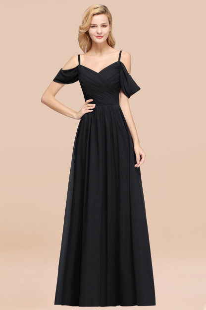 A-Line Chiffon V-Neck Spaghetti Straps Short-Sleeves Floor-Length Bridesmaid Dresses with Ruffles