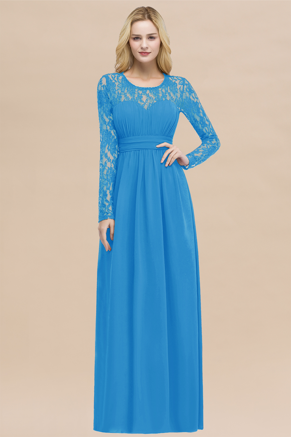 Elegant A-Line Chiffon Jewel Long Sleeves Ruffles Floor-Length Bridesmaid Dresses