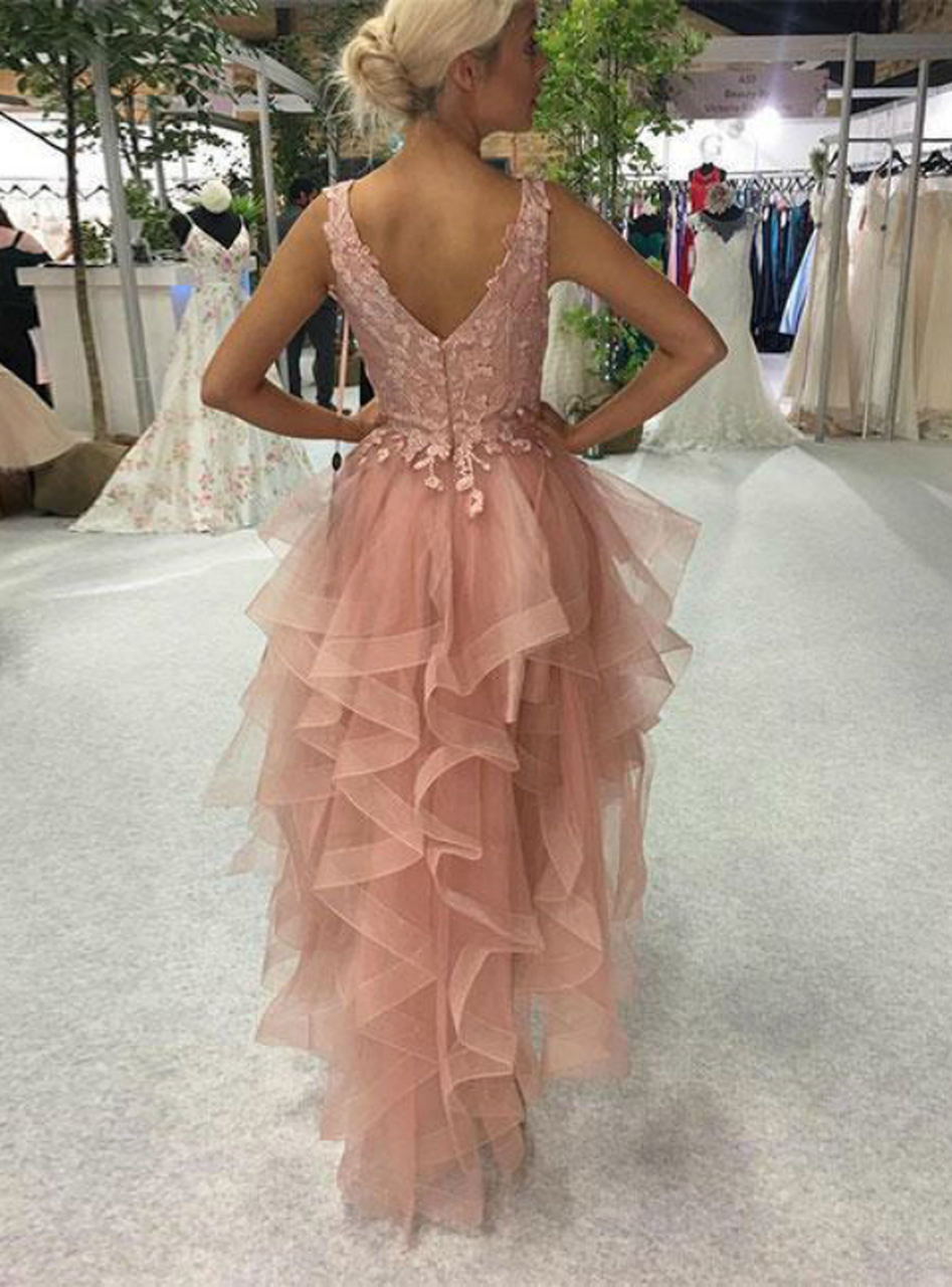 Elegant A-line V-neck Backless Appliques Lace Cascading Ruffles Tulle High Low Prom Dress