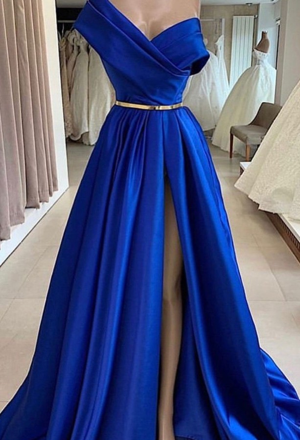Dignified Blue One Shoulder Floor-length A-line Prom Dresses with Slit