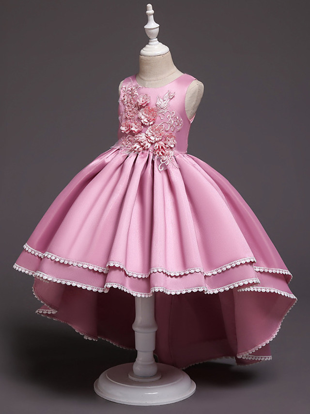 Princess Asymmetrical Wedding / Party / Pageant Flower Girl Dresses - Satin / Tulle Sleeveless Jewel Neck With Lace / Belt / Appliques