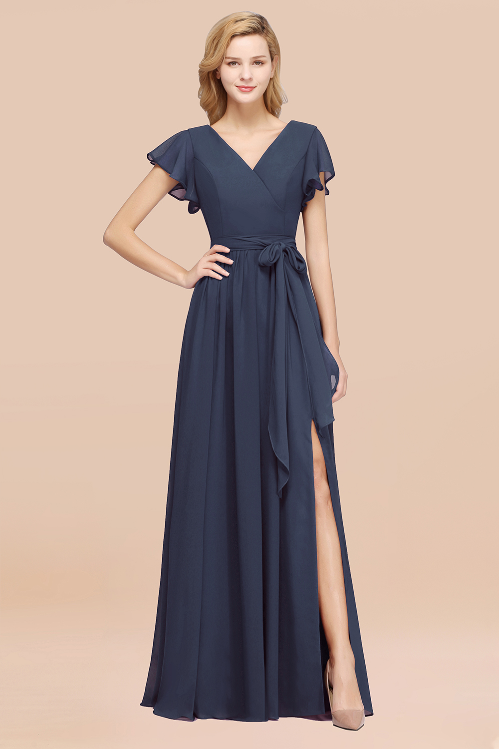 elegant A-line Chiffon V-Neck Short-Sleeves Floor-Length Bridesmaid Dresses with Bow Sash