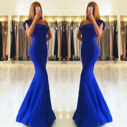 Royal Blue One Shoulder Ruffles Floor-length Mermaid Long Prom Dress