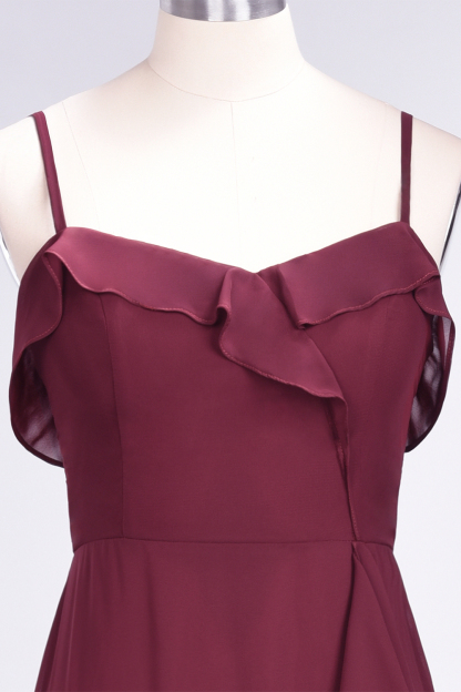Spaghetti Straps A-Line Chiffon Backless Floor-length Prom Dress With Ruffles