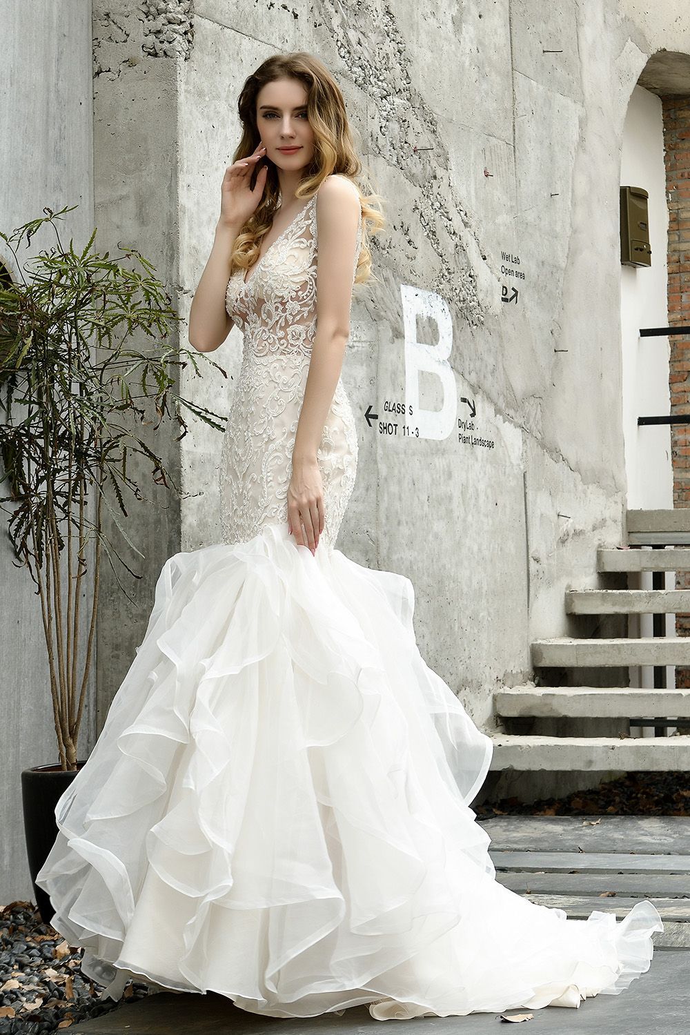 Ivory Long Mermaid V-neck Lace Tulle Ruffles Wedding Dress