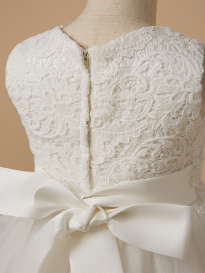 White Ball Gown Sleeveless Jewel Neck Knee Length Tulle Lace Flower Girl Dresses