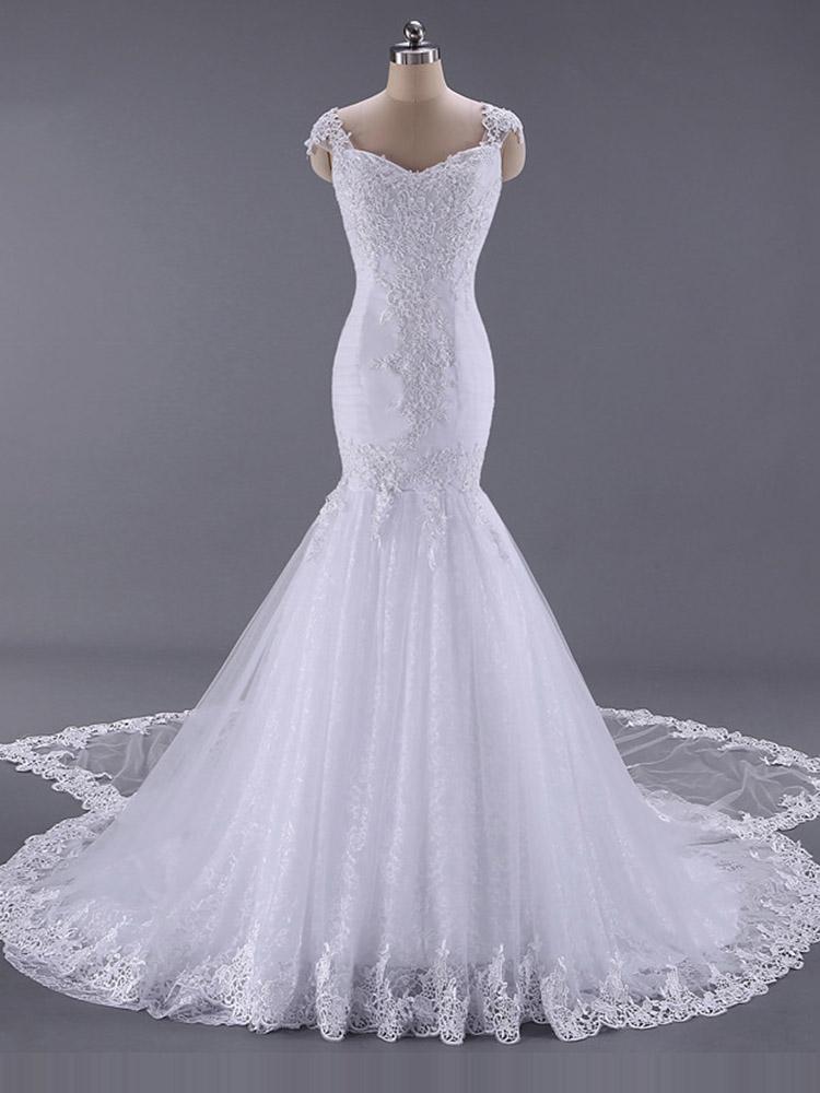 Vintage V-neck Short Sleeve Detachable Train Lace Mermaid Wedding Dresses