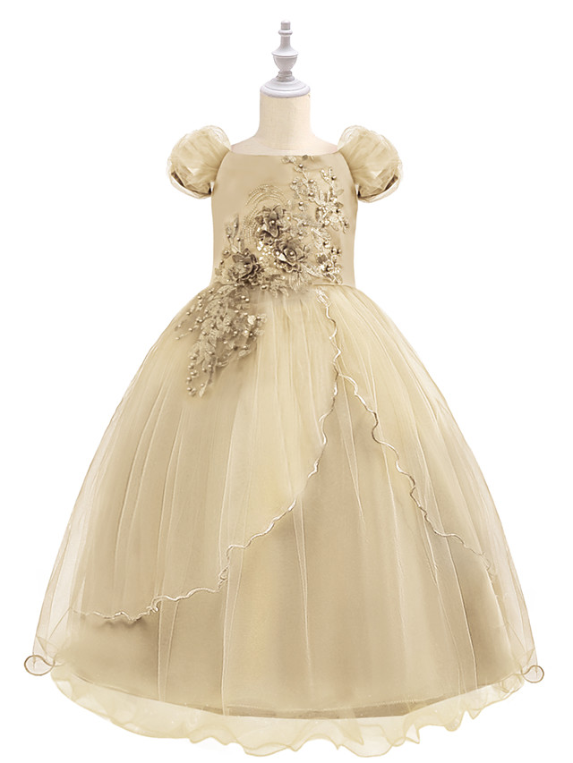 Princess Maxi Birthday / Pageant Flower Girl Dresses - Chiffon / Tulle Short Sleeve Boat Neck With Beading / Appliques / Paillette