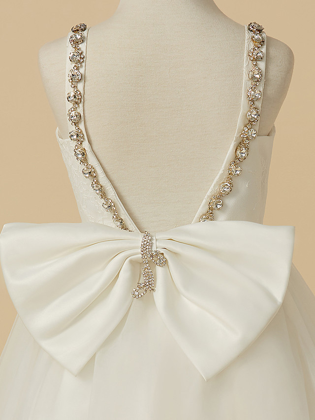 A-Line Ankle Length Wedding / First Communion Flower Girl Dresses - Lace / Tulle Sleeveless Straps With Bow(S) / Beading