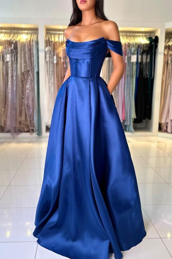 Off The Shoulder Empire Open Back Satin Blue Floor Length Prom Dress with Ruffles