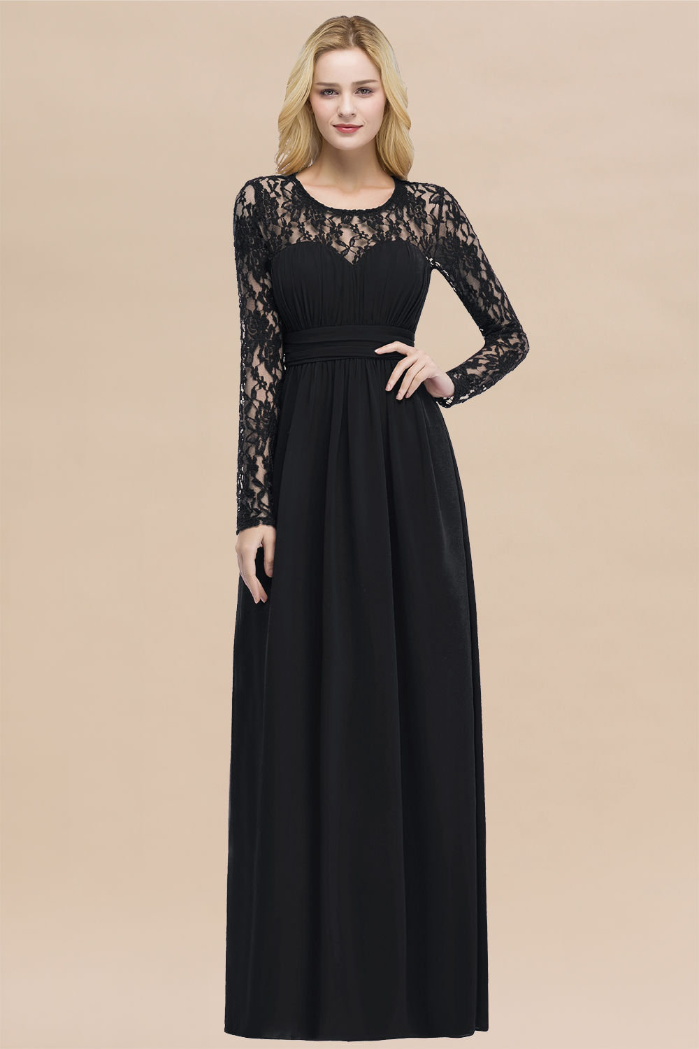 Elegant A-Line Chiffon Jewel Long Sleeves Ruffles Floor-Length Bridesmaid Dresses