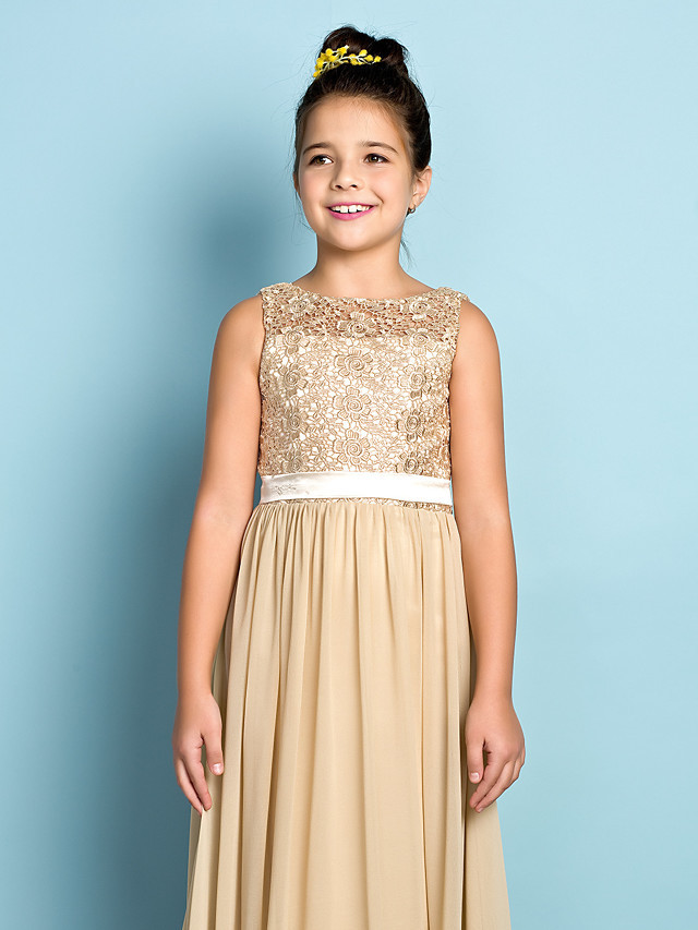 A-Line Scoop Neck Floor Length Chiffon / Lace Junior Bridesmaid Dress With Lace / Natural / Mini Me