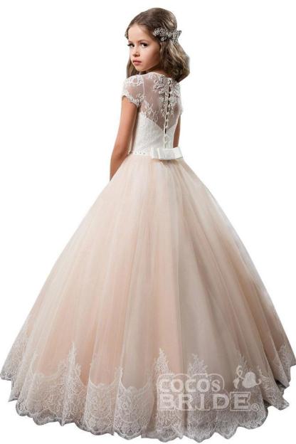 Light Pink Scoop Neck Short Sleeve Ball Gown Flower Girls Dress