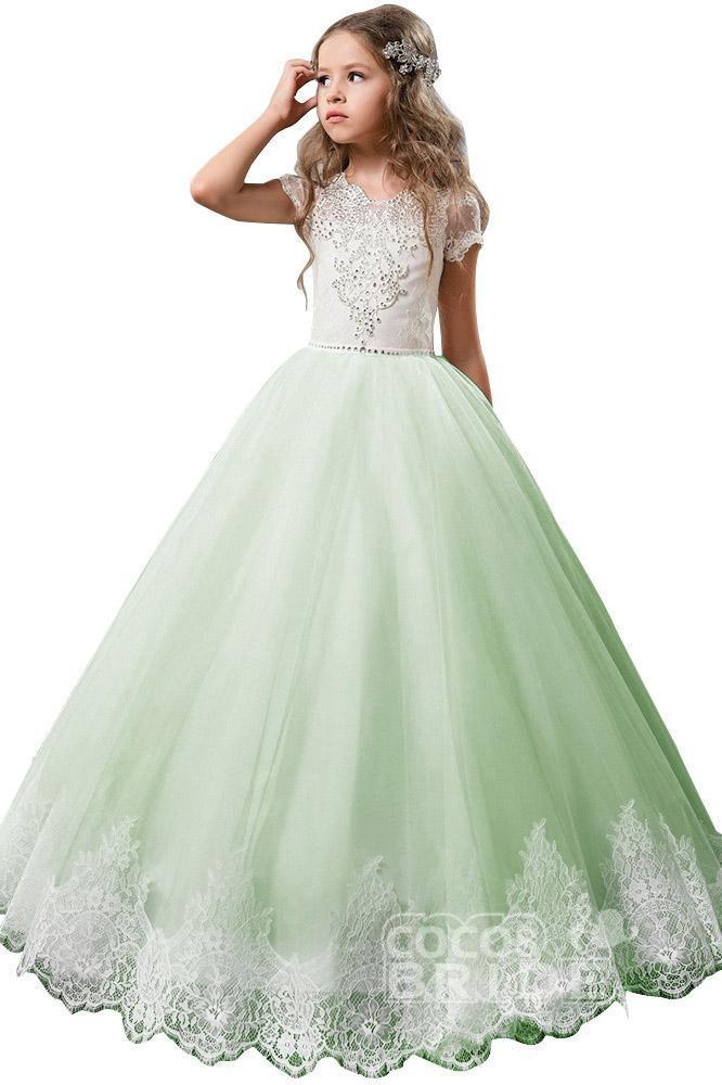 Light Pink Scoop Neck Short Sleeve Ball Gown Flower Girls Dress