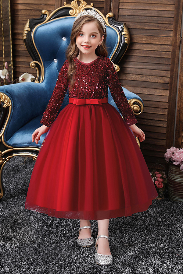 FS9973 Long Sleeve Sequins Burgundy Flower Girl Dress