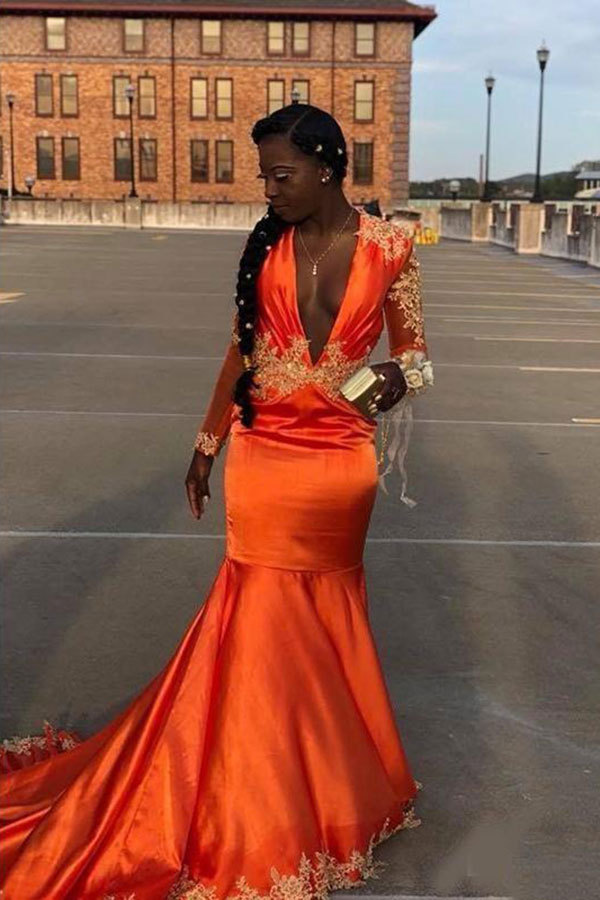 Elegant Orange Long Mermaid V-neck Appliques Satin Prom Dress with Sleeves