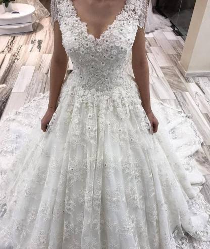 Classy Long A-Line Deep V-neck Appliques Lace Floor-length Wedding Dress