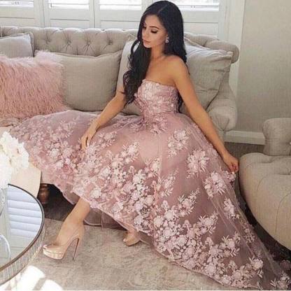 Fashion A-line Lace Strapless High Low Prom Dresses