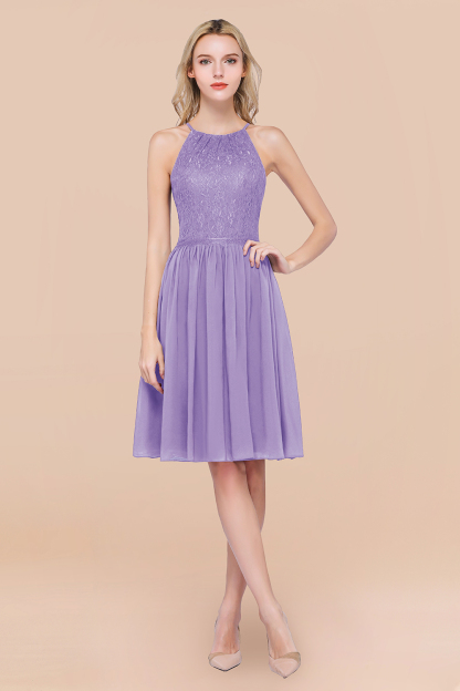 A-line Chiffon Lace Jewel Sleeveless Knee-Length Bridesmaid Dresses with Ruffles