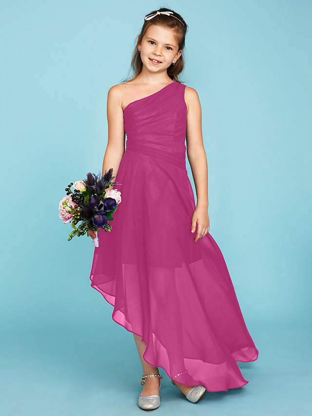 A-Line One Shoulder Asymmetrical Chiffon Junior Bridesmaid Dress With Side Draping / Wedding Party