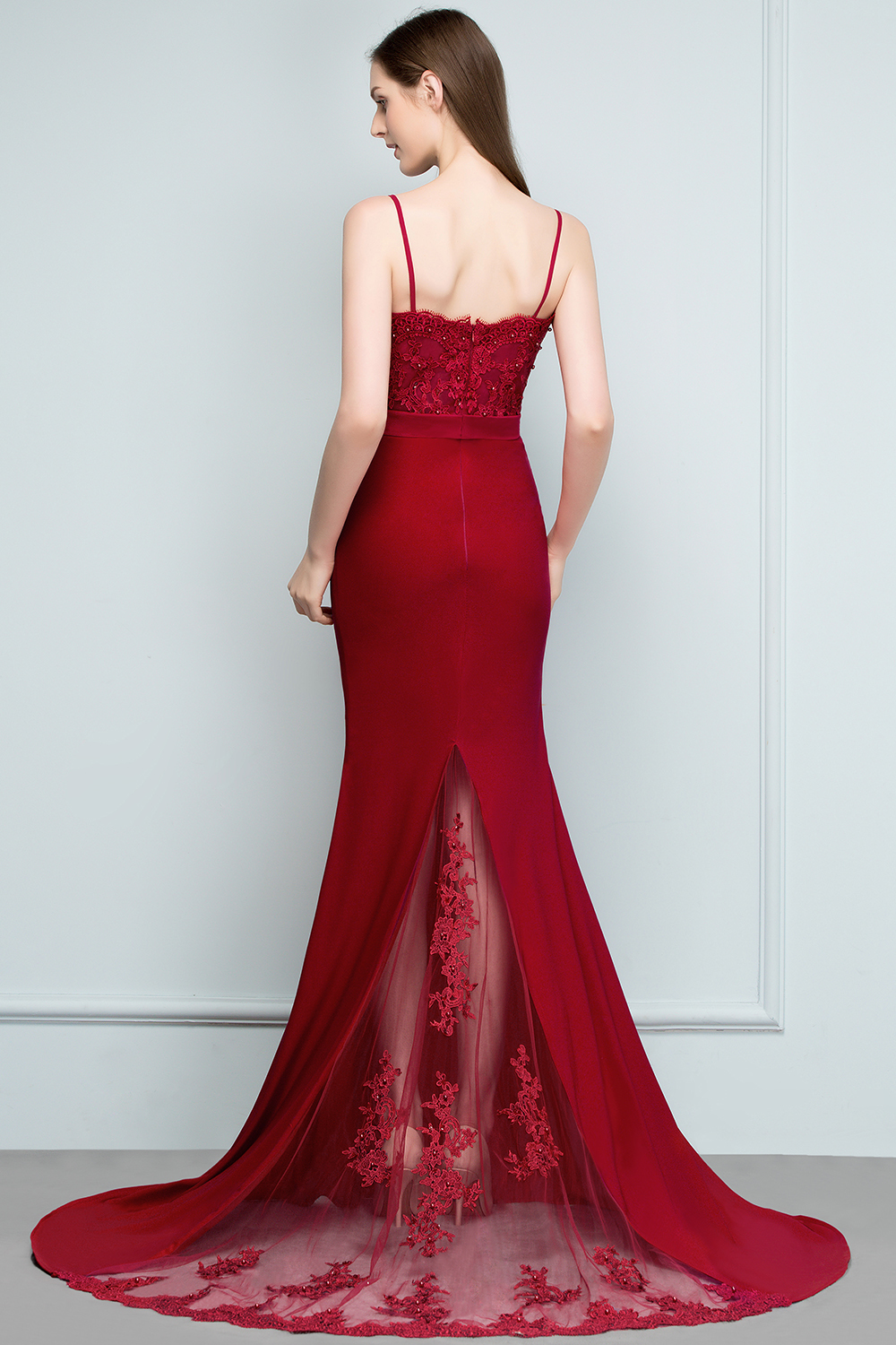 Mermaid Charmeuse Lace Spaghetti-Straps Sweetheart Sleeveless Floor-Length Bridesmaid Dresses with Beads