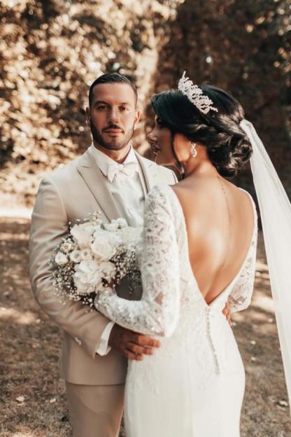 Long Mermaid V-neck Satin Lace Backless Wedding Dress with Sleeves