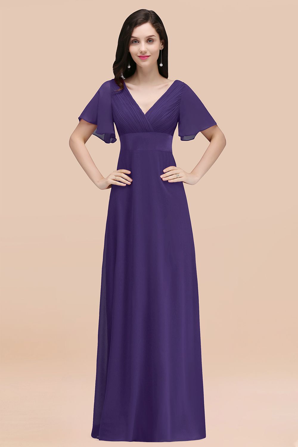 Simple A-Line Chiffon V-Neck Short-Sleeves Ruffles Floor-Length Bridesmaid Dresses