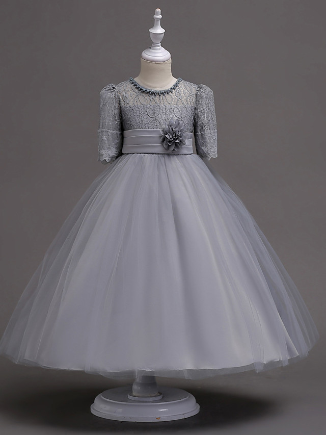 Princess Tea Length Wedding / First Communion Flower Girl Dresses - Lace / Satin / Tulle Half Sleeve Jewel Neck With Lace / Belt / Beading