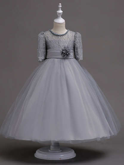 Princess Tea Length Wedding / First Communion Flower Girl Dresses - Lace / Satin / Tulle Half Sleeve Jewel Neck With Lace / Belt / Beading