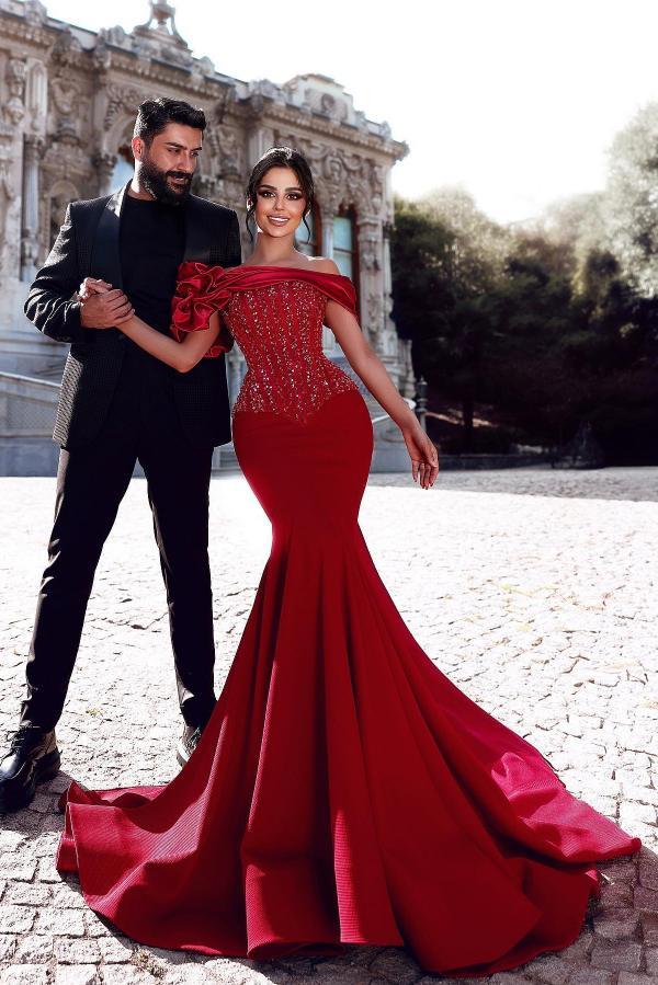 Burgundy Long Mermaid Off the Shoulder Satin Beaded Formal Prom Dresses