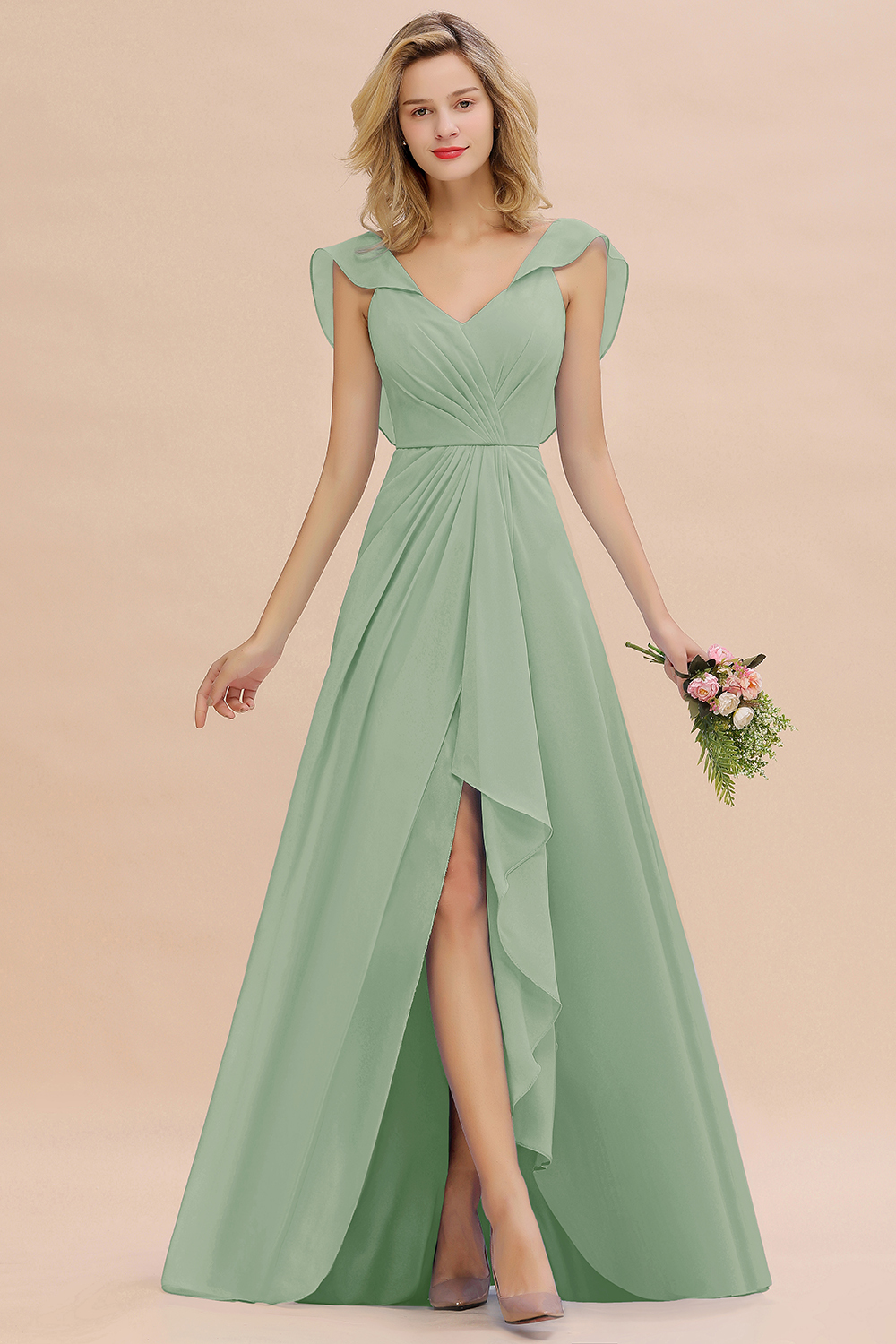 BM0777 Simple Hi-Lo V-Neck Ruffles Long Bridesmaid Dress