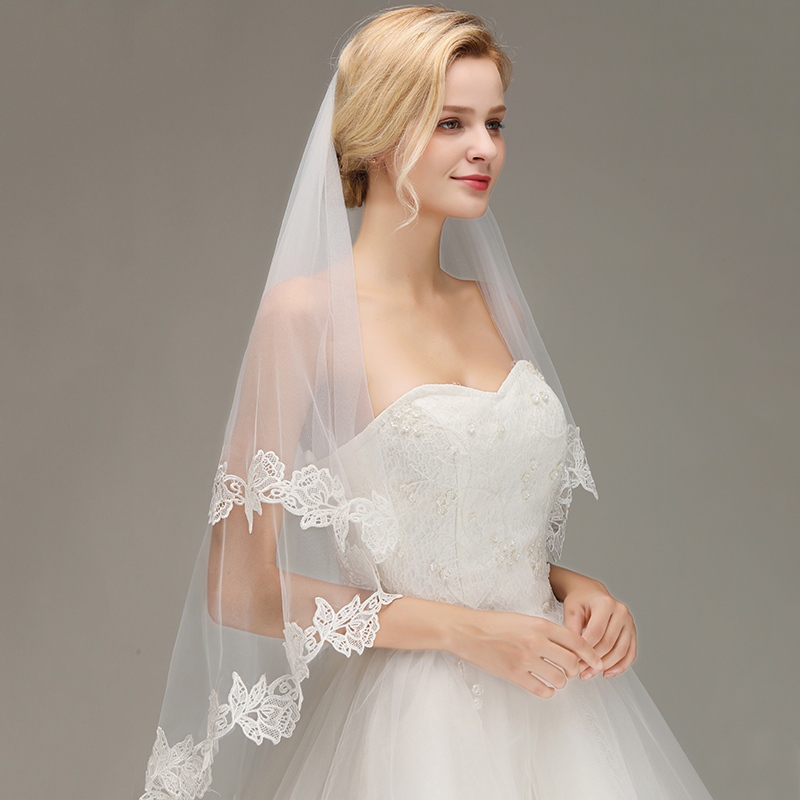 Lace Applique Two Layers Wedding Veils With Comb