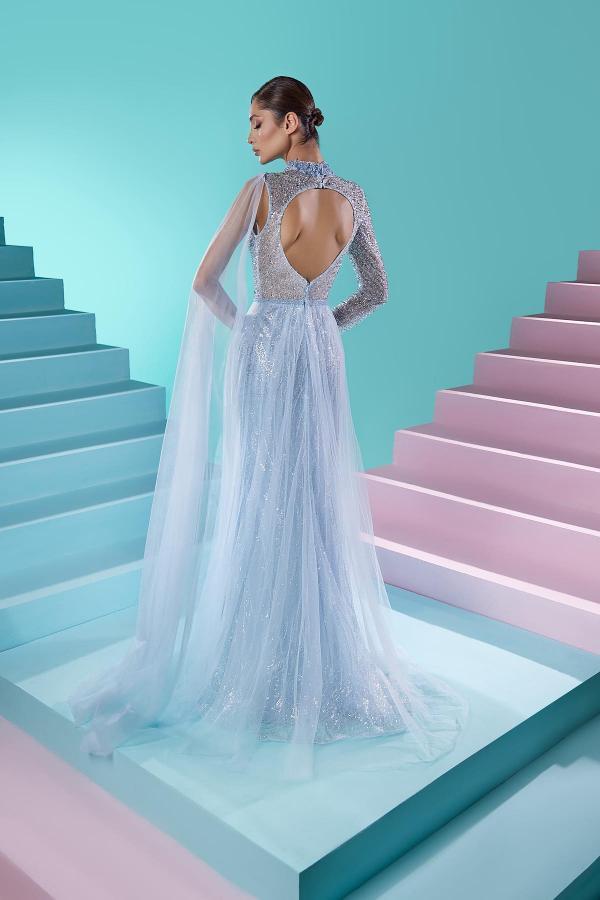 Elegant Long A-Line Halter Tulle Beading Spilt Front Prom Dresses with Long Sleeves