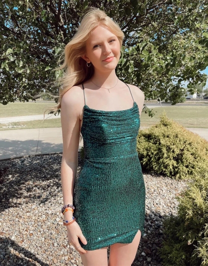 Short Mermaid Halter Sequins Backless Homecoming Dresses with Slit
