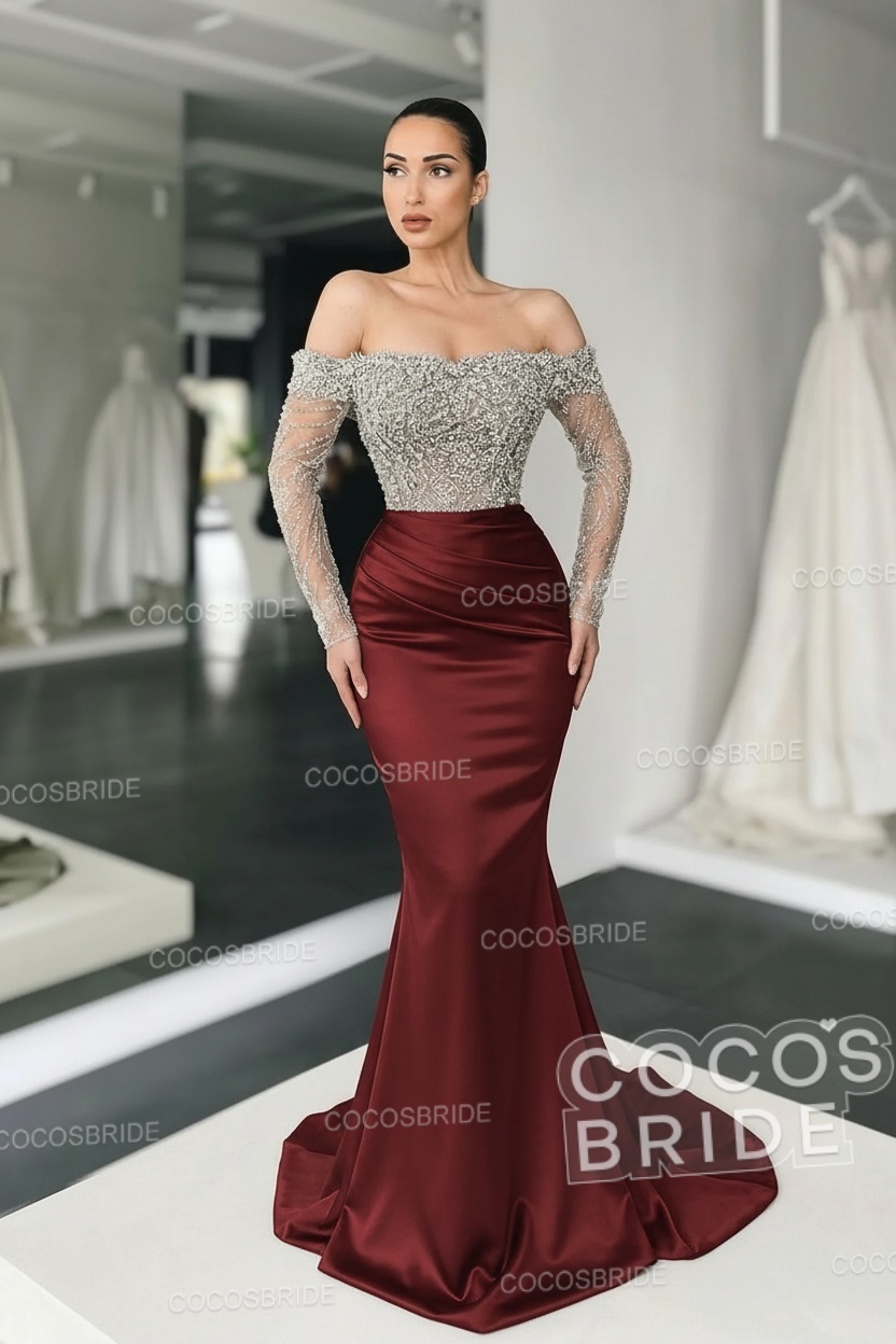 Long Mermaid Off the Shoulder Satin Prom Dress with Sleeves