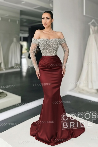 Long Mermaid Off the Shoulder Satin Prom Dress with Sleeves