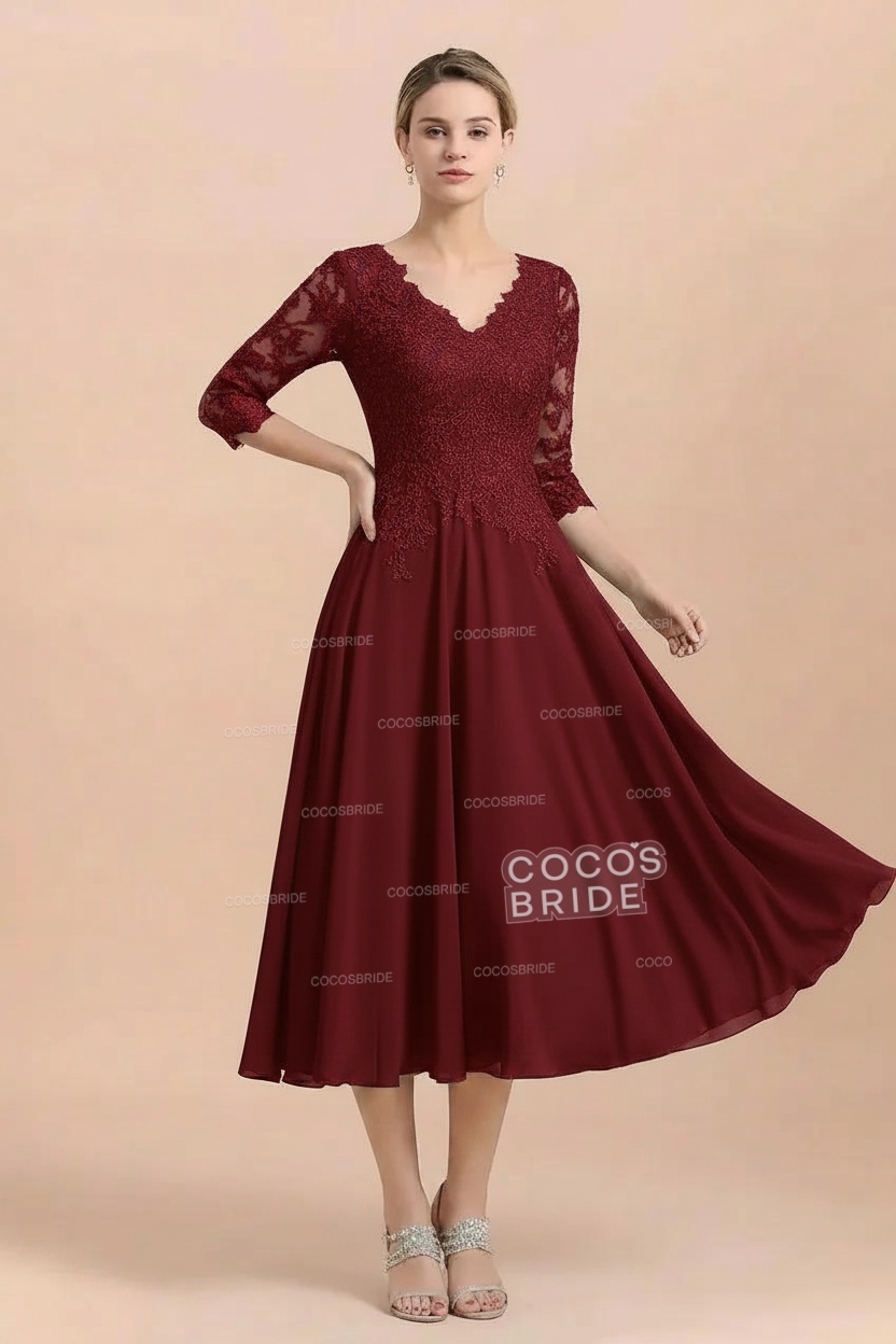 A-Line V-Neck 3/4 Sleeves Chiffon Short Mother Of The Bride Dresses With Lace