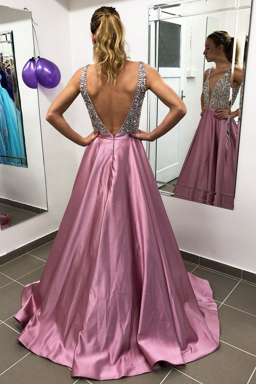 Elegant Long A-line V-neck Satin Backless Prom Dress with Beading