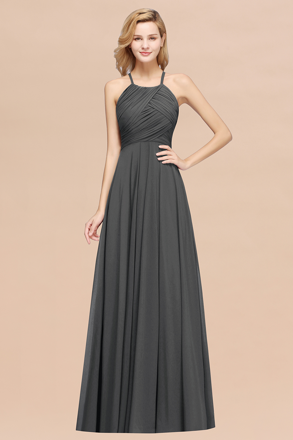A-Line Chiffon Halter Ruffles Floor-Length Bridesmaid Dress